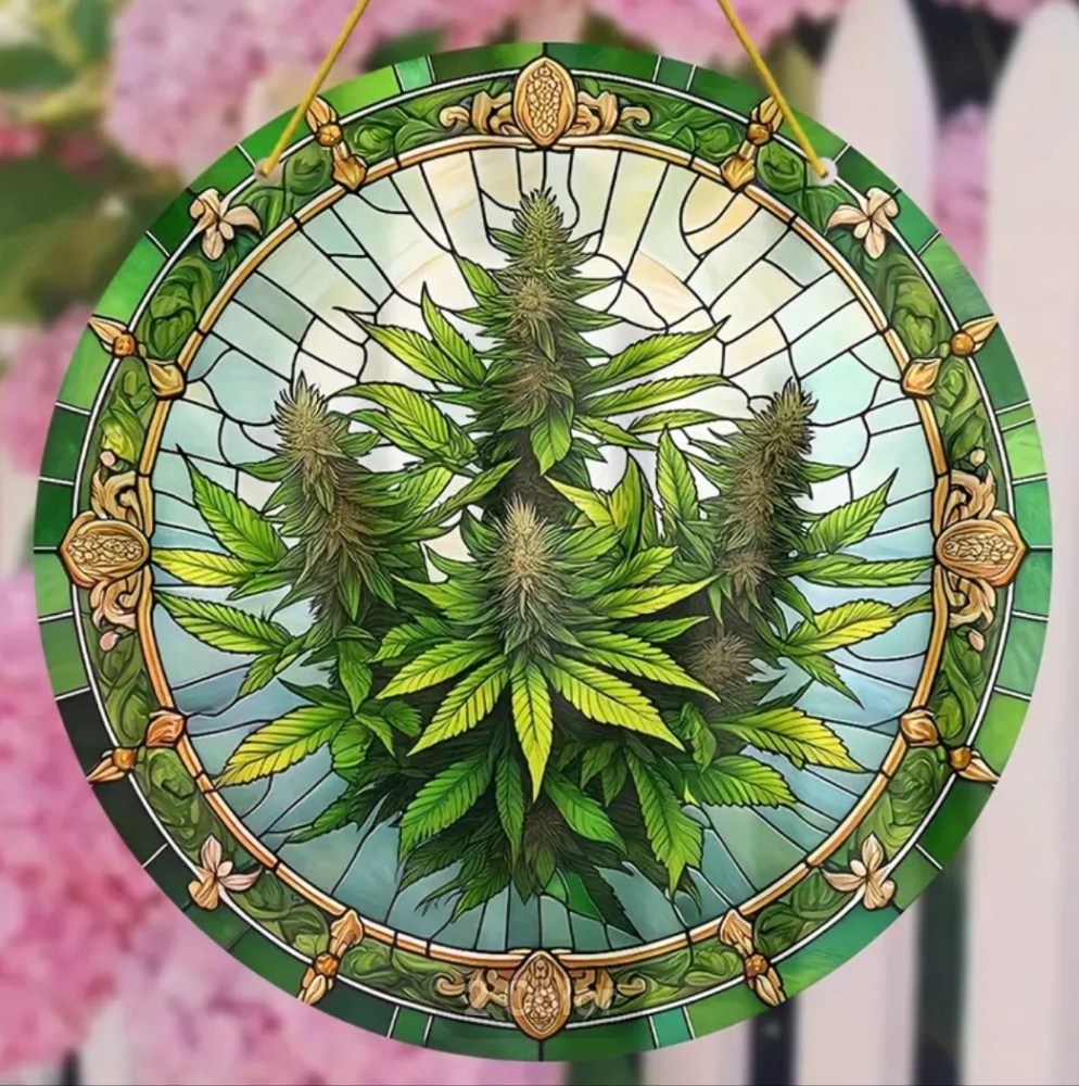 Weed Plant Blooming & Budding Acrylic "Stained Glass" Style 8" Round SunCatcher